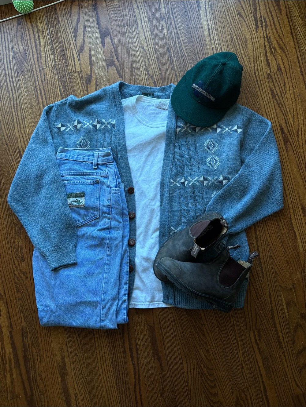 Textured Blue Knit Cardigan with Geometric Accents